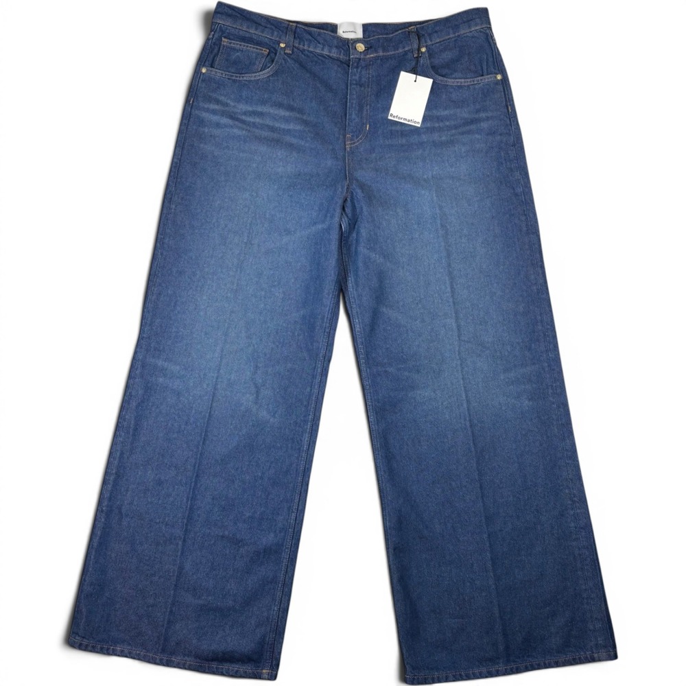 Reformation Cary Low Rise Slouchy Wide Leg Jeans Mako Logo Charm Blue 33 Plus